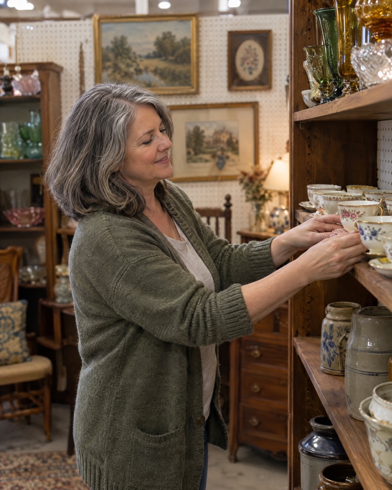 A woman smiling as she arranges vintage teacups on a shelf in her antique booth