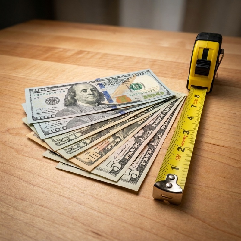A fan of dollar bills beside a yellow tape measure on a wooden table
